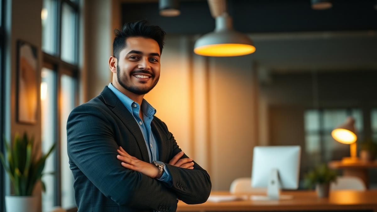 Empresário sorridente em escritório moderno protegido por Seguro Empresarial